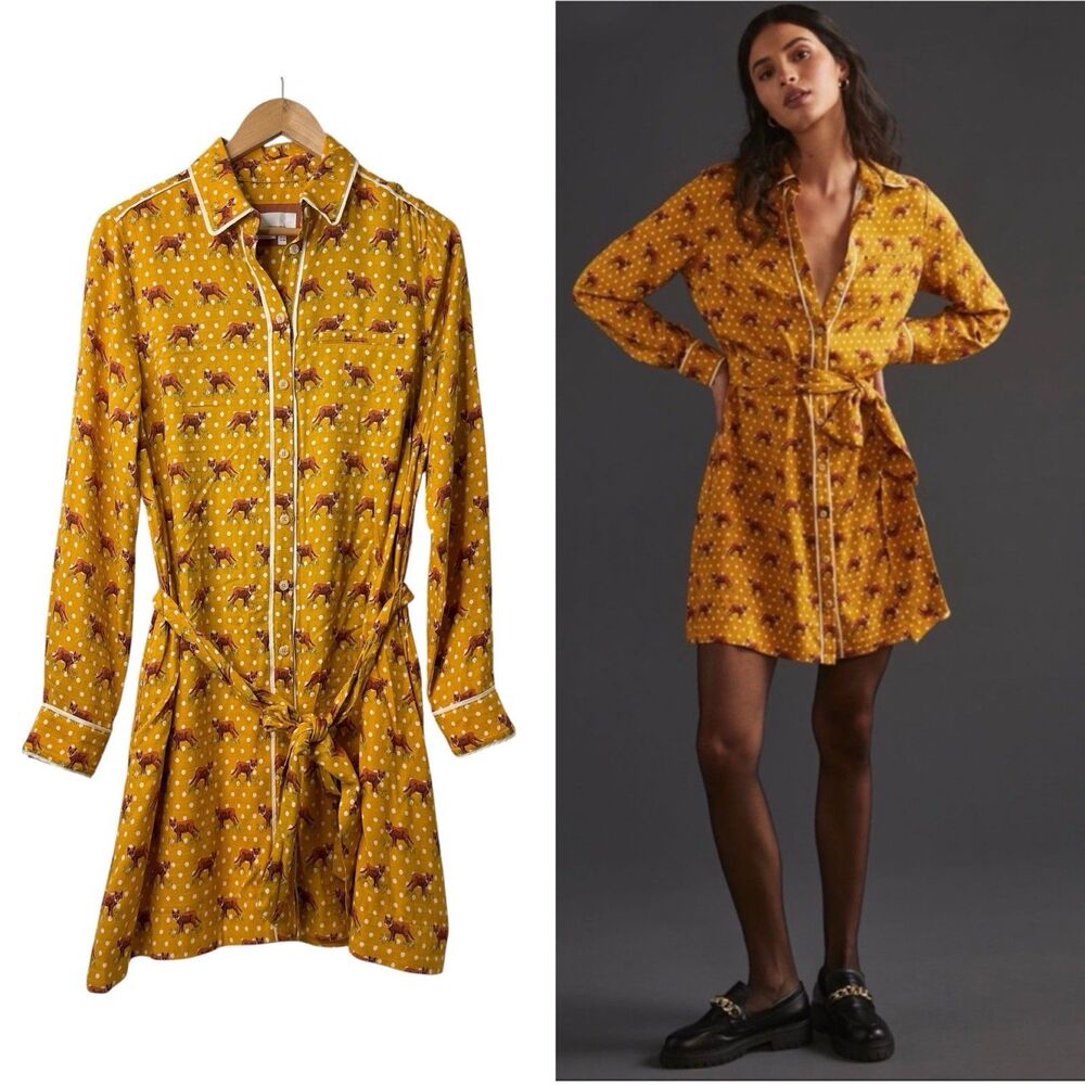 Anthropologie Forest Friends Yellow Fox Shirt Dress Sz 6 Animal Novelty Pockets